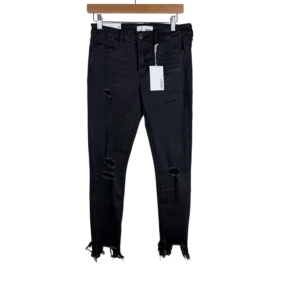 NWT Vervet Amber Distressed Mid Rise Raw Hem Skinny Jeans size 28 Black Denim